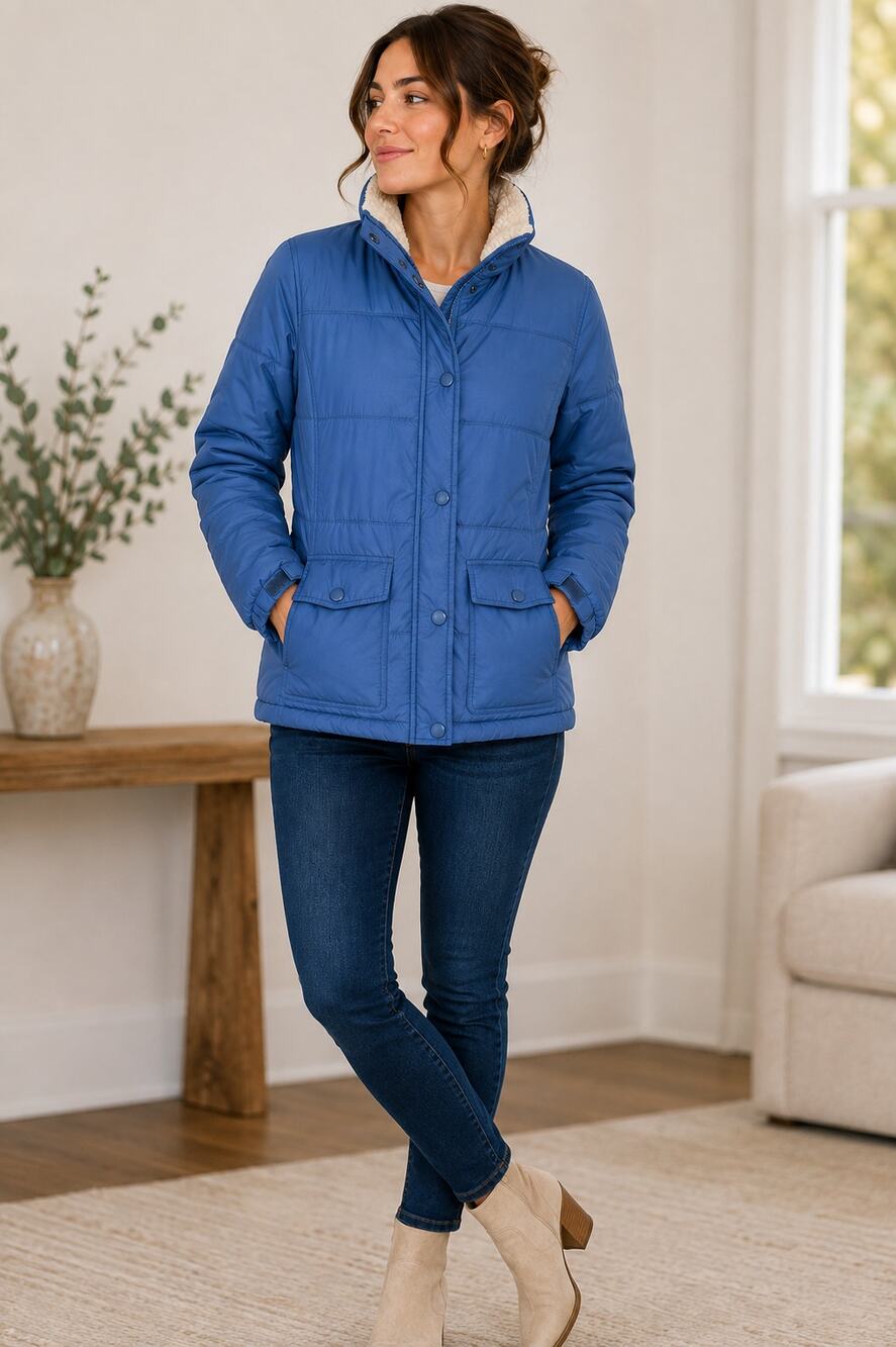 Lands’ End Blue Quilted Puffer Jacket Sherpa Collar S 6-8 2013